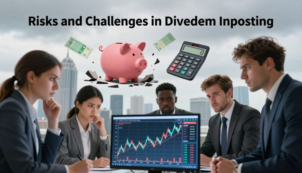 A visually striking illustration of the "Risks and Challenges in Dividend Investing." In the foreground, a professional, diverse group of investors in business attire, looking concerned as they analyze a fluctuating stock market graph on a digital screen. In the middle ground, symbols of risk such as a crumbling piggy bank and a broken calculator, contrasted with images of dividend checks. The background features a city skyline under overcast skies, representing uncertainty and volatility. Soft, diffused lighting creates an atmosphere of tension and reflection, with a focus on the expressions of the investors. The angle captures the dynamic interaction between the group and the screen, emphasizing their struggle with investment challenges. A visually striking illustration of the "Risks and Challenges in Dividend Investing." In the foreground, a professional, diverse group of investors in business attire, looking concerned as they analyze a fluctuating stock market graph on a digital screen. In the middle ground, symbols of risk such as a crumbling piggy bank and a broken calculator, contrasted with images of dividend checks. The background features a city skyline under overcast skies, representing uncertainty and volatility. Soft, diffused lighting creates an atmosphere of tension and reflection, with a focus on the expressions of the investors. The angle captures the dynamic interaction between the group and the screen, emphasizing their struggle with investment challenges.