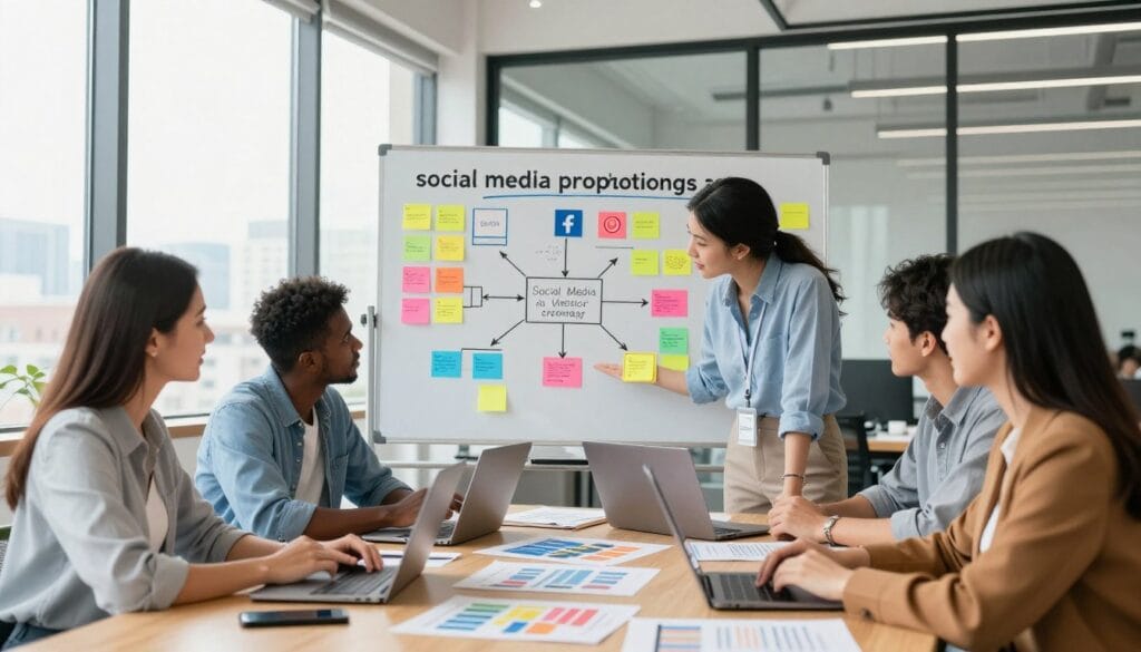 A visually striking image depicting a "social media promotion strategy" in a modern office setting. In the foreground, a diverse group of three professionals, including a Caucasian woman, an African American man, and an Asian woman, collaborate around a large table strewn with laptops, smartphones, and printed marketing materials. In the middle, a whiteboard showcases colorful post-it notes and flowcharts outlining their promotion strategy across various social media channels. The background features large windows letting in soft, natural light, with cityscape views. The atmosphere is dynamic and professional, reflecting teamwork and innovation, with a focus on creativity. Shot with a wide-angle lens at eye level, creating a sense of inclusivity and engagement in the design process. A visually striking image depicting a "social media promotion strategy" in a modern office setting. In the foreground, a diverse group of three professionals, including a Caucasian woman, an African American man, and an Asian woman, collaborate around a large table strewn with laptops, smartphones, and printed marketing materials. In the middle, a whiteboard showcases colorful post-it notes and flowcharts outlining their promotion strategy across various social media channels. The background features large windows letting in soft, natural light, with cityscape views. The atmosphere is dynamic and professional, reflecting teamwork and innovation, with a focus on creativity. Shot with a wide-angle lens at eye level, creating a sense of inclusivity and engagement in the design process.