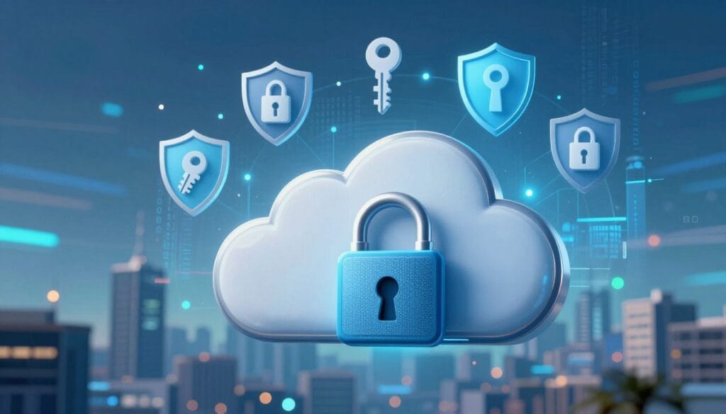 A visually striking image illustrating cloud storage security features and data protection. In the foreground, a sleek, modern cloud icon with a digital lock symbol securely encasing it, representing data safety. The middle layer features stylized graphics of shield icons and encryption keys, emphasizing advanced security measures in cloud technology. In the background, a city skyline under a futuristic digital sky, with binary code subtly integrated, indicating the digital realm. Soft blue and green lighting casts a serene yet sophisticated atmosphere, suggesting trust and reliability in data security. The angle is slightly elevated, providing a commanding view of the cloud elements while keeping the focus on security features. The overall mood conveys a sense of innovation and safety in the digital storage space. A visually striking image illustrating cloud storage security features and data protection. In the foreground, a sleek, modern cloud icon with a digital lock symbol securely encasing it, representing data safety. The middle layer features stylized graphics of shield icons and encryption keys, emphasizing advanced security measures in cloud technology. In the background, a city skyline under a futuristic digital sky, with binary code subtly integrated, indicating the digital realm. Soft blue and green lighting casts a serene yet sophisticated atmosphere, suggesting trust and reliability in data security. The angle is slightly elevated, providing a commanding view of the cloud elements while keeping the focus on security features. The overall mood conveys a sense of innovation and safety in the digital storage space.