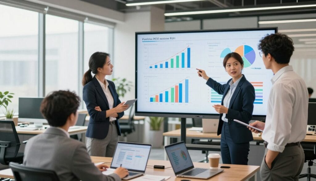 A visually striking office setting showcasing the analysis of positive ROI versus negative ROI. In the foreground, a diverse group of three professionals, two men and one woman, dressed in smart business attire, intensely discussing a large digital display showing contrasting graphs and charts of positive and negative ROI. In the middle ground, stylish desks with laptops and documents are organized neatly, indicating a productive work environment. The background features a modern office with large windows allowing natural light to flood in, creating a bright and uplifting atmosphere. Use a clear, focused angle to emphasize the interaction among the professionals while ensuring the vibrant graphs on the screen are prominent, illustrating key data insights. The overall mood is analytical yet optimistic, reflecting the importance of informed decision-making in business. A visually striking office setting showcasing the analysis of positive ROI versus negative ROI. In the foreground, a diverse group of three professionals, two men and one woman, dressed in smart business attire, intensely discussing a large digital display showing contrasting graphs and charts of positive and negative ROI. In the middle ground, stylish desks with laptops and documents are organized neatly, indicating a productive work environment. The background features a modern office with large windows allowing natural light to flood in, creating a bright and uplifting atmosphere. Use a clear, focused angle to emphasize the interaction among the professionals while ensuring the vibrant graphs on the screen are prominent, illustrating key data insights. The overall mood is analytical yet optimistic, reflecting the importance of informed decision-making in business.