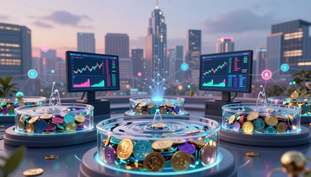 A visually striking representation of a liquidity pool mechanism for a decentralized exchange, foreground featuring well-designed, transparent glass-like pools filled with colorful digital assets, such as cryptocurrencies and tokens, gently rippling to illustrate fluidity. In the middle ground, stylized digital interfaces display trading charts and analytics, surrounded by nodes symbolizing connectivity and blockchain technology. The background consists of a futuristic city skyline, subtly illuminated against a twilight sky, with data streams flowing between buildings. The lighting is soft yet vibrant, creating an engaging atmosphere that emphasizes innovation and teamwork, captured from a low angle for a dynamic perspective. The overall mood should convey a sense of trust, collaboration, and the forward-thinking nature of cryptocurrency.
