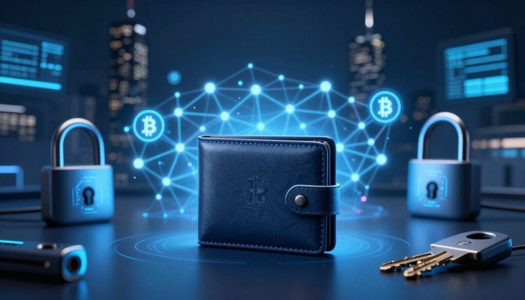 A visually striking representation of crypto security, featuring a sleek, modern cryptocurrency wallet in the foreground, highlighted by a soft glow. Surrounding the wallet are advanced security devices, like biometric scanners and encryption keys, placed strategically to emphasize high-tech protection. In the middle ground, an abstract digital landscape of blockchain nodes and cryptocurrency symbols creates a network-like structure, illustrating the interconnected nature of assets. In the background, a darkened city skyline with glowing digital screens reflects a sense of vigilance and innovation. The lighting is dynamic, with cool blue hues creating a professional and secure atmosphere, while soft focused lens effects add depth. The overall mood is serious and futuristic, conveying the importance of safeguarding valuable holdings in the crypto world.