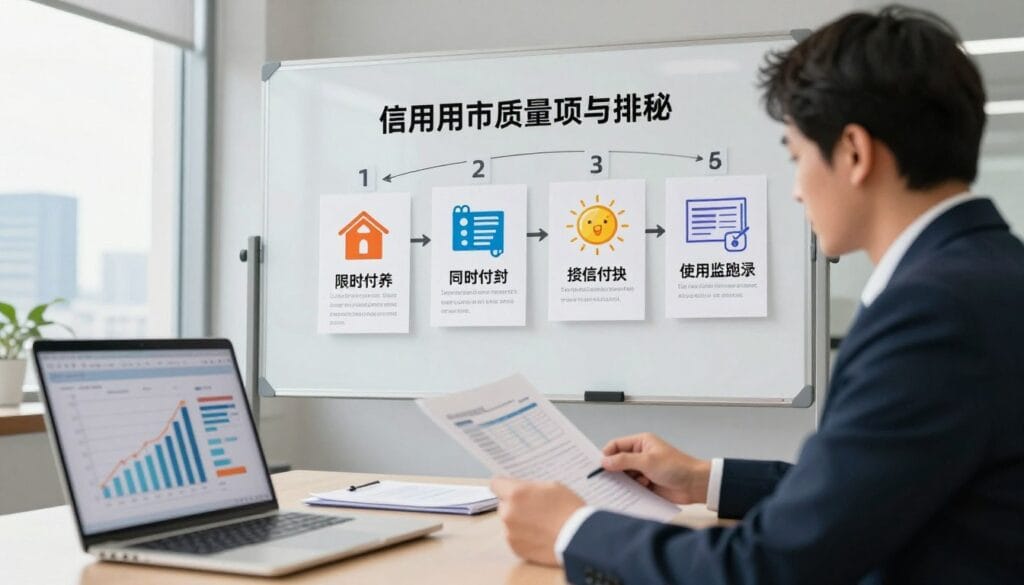 A well-lit office setting with a focused atmosphere, featuring a professional individual dressed in business attire, analyzing financial documents. In the foreground, a desk with a laptop displaying graphs and charts related to credit scores. The middle ground shows a large whiteboard with five clear, numbered steps for credit score improvement, illustrated with colorful infographics and icons representing strategies like budgeting, timely payments, and credit monitoring. The background includes a window with natural light pouring in, revealing a city skyline, suggesting a sense of optimism and progress. The overall mood is inspiring and informative, highlighting a proactive approach to financial health. Soft shadows enhance depth, while a slight tilt-up angle conveys empowerment and ambition.