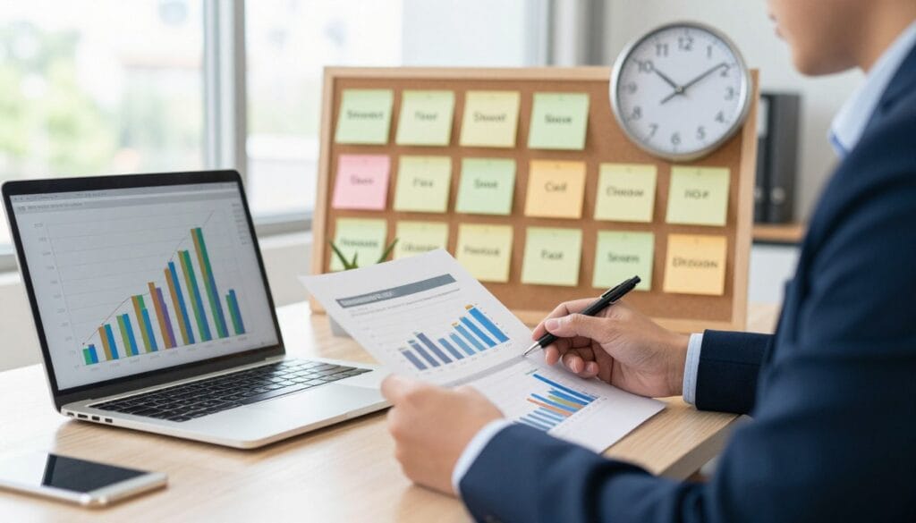 A well-organized desk setting in the foreground featuring a professional individual in business attire, reviewing financial documents and charts focused on investment goals. Beside them, a laptop displays colorful graphs illustrating various time horizons for investments. The middle layer showcases a corkboard filled with post-it notes representing short-term and long-term financial objectives, alongside a clock indicating different time frames. In the background, a bright office space with large windows allows natural light to illuminate the scene, creating a warm and optimistic atmosphere. The overall mood conveys clarity and purpose, emphasizing the importance of understanding financial goals and planning for the future. The perspective is slightly angled to provide depth, while keeping the focus on the investment process.