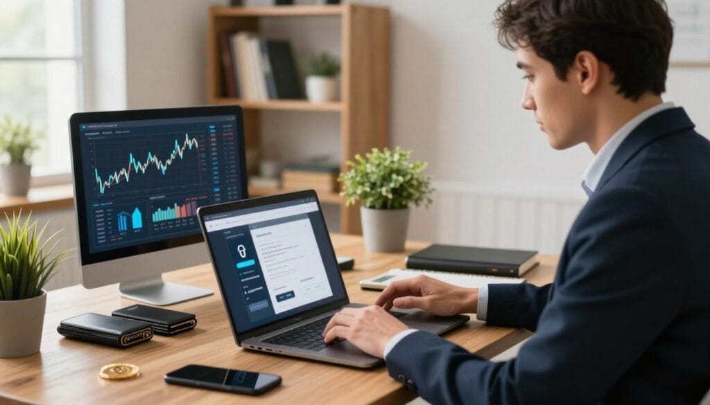 A well-organized, modern workspace showcasing the secure buying and storage of cryptocurrency. In the foreground, a professional individual, dressed in business attire, follows a secure transaction on a laptop with a focused expression. The middle ground features a stylish desk displaying hardware wallets and cryptocurrency charts, highlighting the importance of security. In the background, a bookshelf with financial literature and plants adds a touch of warmth and credibility. Soft, natural lighting filters through a nearby window, creating an inviting atmosphere. The overall mood conveys professionalism and trust, emphasizing the thoughtful approach to cryptocurrency management.