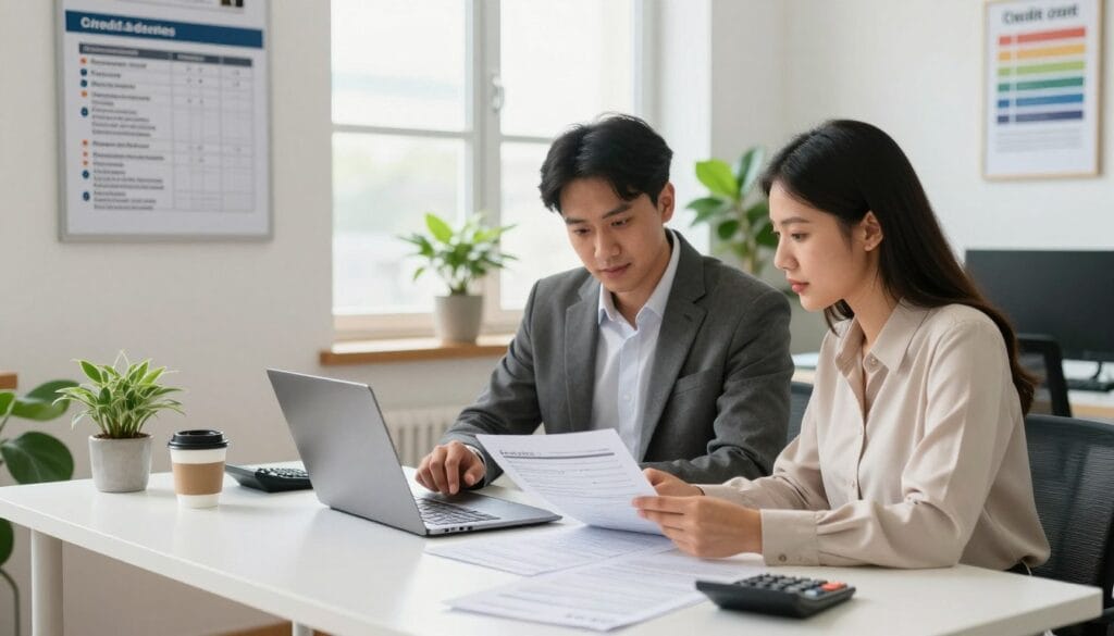 A well-organized office environment focused on managing new credit applications and hard inquiries. In the foreground, a diverse group of two business professionals, a man in a tailored suit and a woman in a smart blouse, are collaboratively reviewing documents and data on a laptop. In the middle, a modern desk scattered with credit application forms, calculators, and a cup of coffee, while a wall-mounted bulletin board displays important tips on credit scores. The background features a bright, airy office with large windows letting in natural light, plants for a calming atmosphere, and a motivational poster about financial responsibility. The mood is professional and focused, captured with soft, diffused lighting to create an inviting yet efficient workspace.