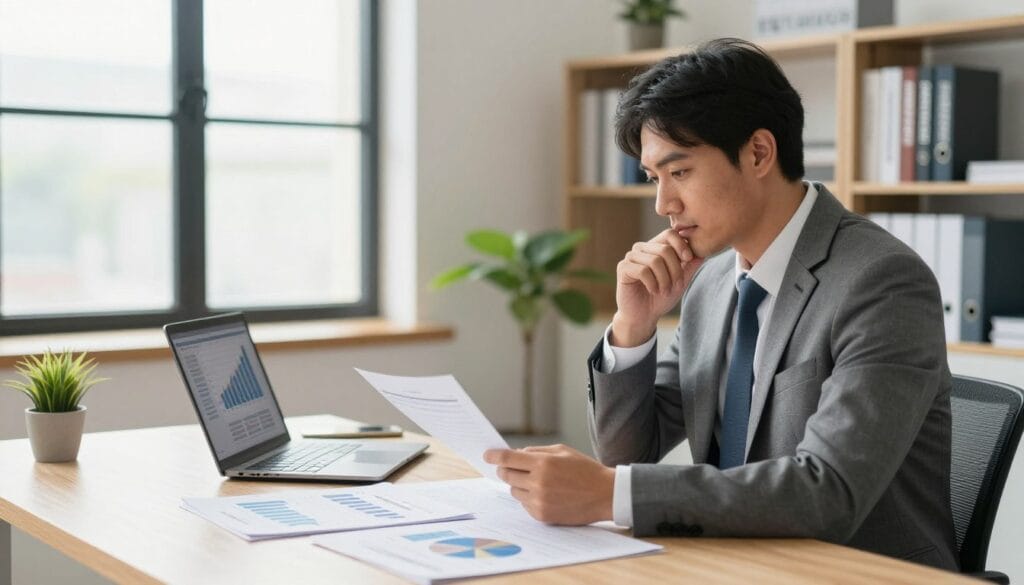 A well-organized office space featuring a modern desk with financial documents, spreadsheets, and a laptop displaying graphs related to real estate investment. In the foreground, a professional man in business attire is thoughtfully analyzing a report, looking focused and engaged. In the middle ground, a large window allows bright natural light to illuminate the space, casting soft shadows. The background includes bookshelves filled with real estate investment books and a small indoor plant, creating a welcoming atmosphere. The scene is captured with a soft focus to emphasize the subject's concentration and the abundance of resources available. The mood is serious yet optimistic, portraying an atmosphere conducive to productive financial assessment. The lighting is bright and airy, enhancing the sense of opportunity and clarity in the investment journey. A well-organized office space featuring a modern desk with financial documents, spreadsheets, and a laptop displaying graphs related to real estate investment. In the foreground, a professional man in business attire is thoughtfully analyzing a report, looking focused and engaged. In the middle ground, a large window allows bright natural light to illuminate the space, casting soft shadows. The background includes bookshelves filled with real estate investment books and a small indoor plant, creating a welcoming atmosphere. The scene is captured with a soft focus to emphasize the subject's concentration and the abundance of resources available. The mood is serious yet optimistic, portraying an atmosphere conducive to productive financial assessment. The lighting is bright and airy, enhancing the sense of opportunity and clarity in the investment journey.