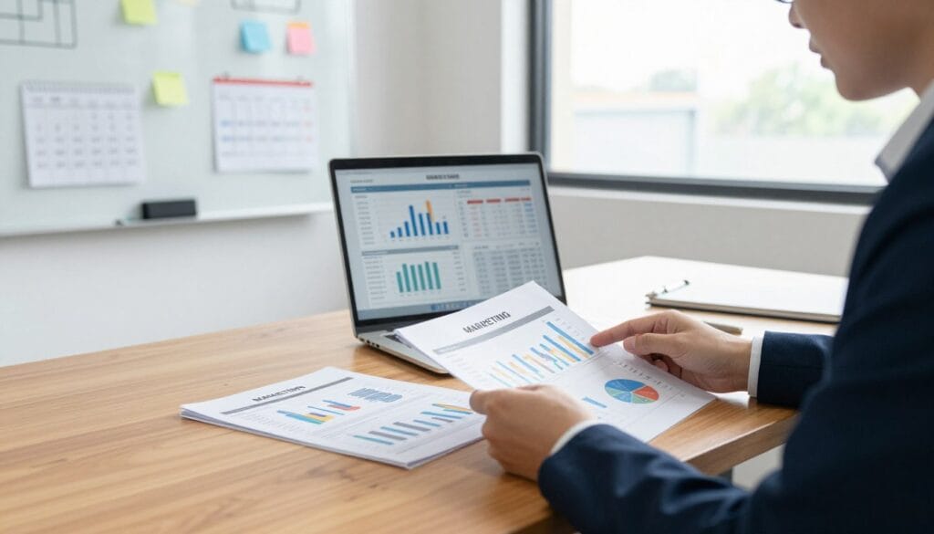 A well-organized, professional workspace with a small business owner examining a detailed marketing budget plan on a sleek wooden desk. In the foreground, the owner, dressed in smart business attire, is focused on spreadsheets and charts spread out with colorful graphs representing marketing strategies. In the middle, a laptop displays market trends and potential advertising costs. The background features a bright office environment with a whiteboard filled with marketing ideas and calendar reminders, illuminated by soft, natural lighting from large windows. The atmosphere conveys determination and clarity, emphasizing the importance of strategic budgeting in small business marketing. The composition should have a balanced, slightly angled perspective to give depth to the scene. A well-organized, professional workspace with a small business owner examining a detailed marketing budget plan on a sleek wooden desk. In the foreground, the owner, dressed in smart business attire, is focused on spreadsheets and charts spread out with colorful graphs representing marketing strategies. In the middle, a laptop displays market trends and potential advertising costs. The background features a bright office environment with a whiteboard filled with marketing ideas and calendar reminders, illuminated by soft, natural lighting from large windows. The atmosphere conveys determination and clarity, emphasizing the importance of strategic budgeting in small business marketing. The composition should have a balanced, slightly angled perspective to give depth to the scene.