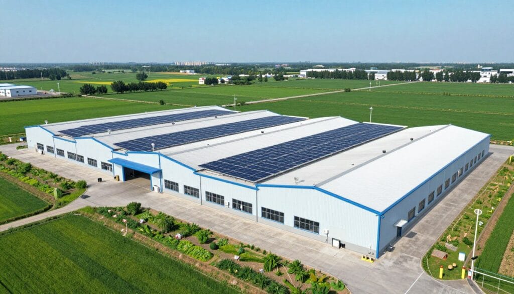 A wide-angle shot of a flourishing rural manufacturing facility surrounded by green fields, solar panels on the roof, bright sunny day, commercial quality. A wide-angle shot of a flourishing rural manufacturing facility surrounded by green fields, solar panels on the roof, bright sunny day, commercial quality.