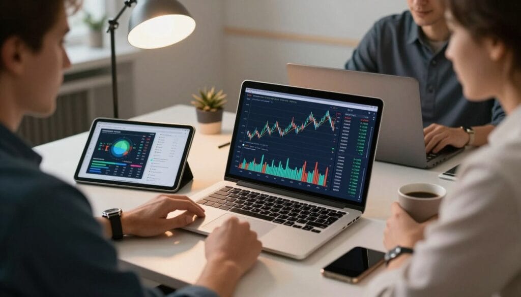 A workspace with a laptop showing financial charts and a tablet showing a creative graphic design in progress, professional creative studio lighting. A workspace with a laptop showing financial charts and a tablet showing a creative graphic design in progress, professional creative studio lighting.