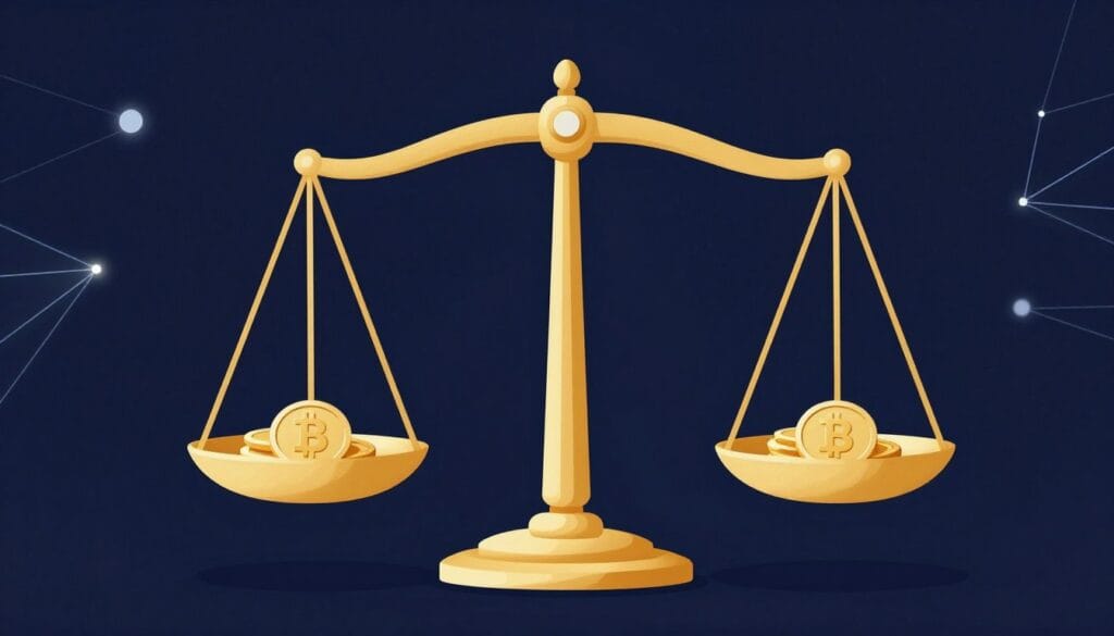 Abstract digital art representing stablecoin balance, perfectly level golden scales on a dark blue background with glowing geometric lines, representing low slippage and high efficiency.