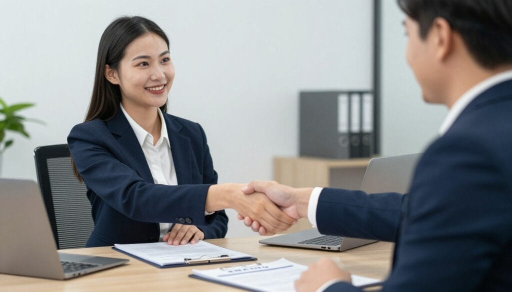 An atmospheric office setting showing a small business owner shaking hands with a banker, professional lighting, photorealistic style, signifying a successful SBA loan approval. An atmospheric office setting showing a small business owner shaking hands with a banker, professional lighting, photorealistic style, signifying a successful SBA loan approval.