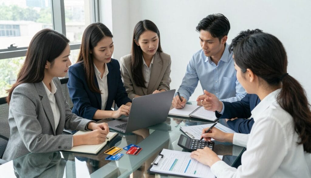 An engaging and informative scene depicting a professional business environment focused on credit card points value calculation. In the foreground, a sleek glass conference table is covered with various credit cards, a calculator, and financial documents showing tables and graphs. In the middle, a diverse group of four professionals in business attire—two women and two men—are intensely discussing and analyzing the data presented, using a laptop and notebook. The background features a modern office setting with large windows allowing natural light to illuminate the room, creating a bright, inviting atmosphere. The angle is slightly from above, emphasizing the dialogue and the documents on the table, showcasing a mood of collaboration and financial insight.