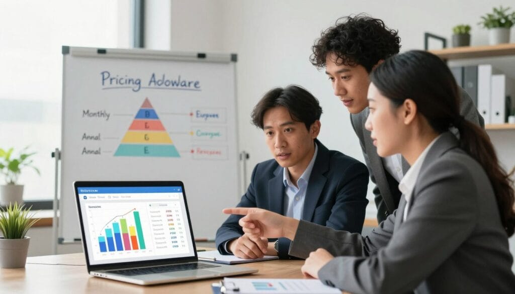 An informative scene depicting various pricing models for small business accounting software. In the foreground, a sleek laptop displays colorful graphs and charts comparing subscription tiers, such as monthly and annual pricing. Beside it, a diverse group of three professional individuals, dressed in smart business attire, is engaged in discussion, pointing at the screen with expressions of interest and curiosity. In the middle ground, a bright, modern office setting features a whiteboard with drawn pricing structures and benefits, illuminated by soft, natural light from large windows. The background includes shelves with books and plants, enhancing the professional atmosphere. The mood is collaborative and optimistic, suggesting innovation in financial management for small businesses. An informative scene depicting various pricing models for small business accounting software. In the foreground, a sleek laptop displays colorful graphs and charts comparing subscription tiers, such as monthly and annual pricing. Beside it, a diverse group of three professional individuals, dressed in smart business attire, is engaged in discussion, pointing at the screen with expressions of interest and curiosity. In the middle ground, a bright, modern office setting features a whiteboard with drawn pricing structures and benefits, illuminated by soft, natural light from large windows. The background includes shelves with books and plants, enhancing the professional atmosphere. The mood is collaborative and optimistic, suggesting innovation in financial management for small businesses.