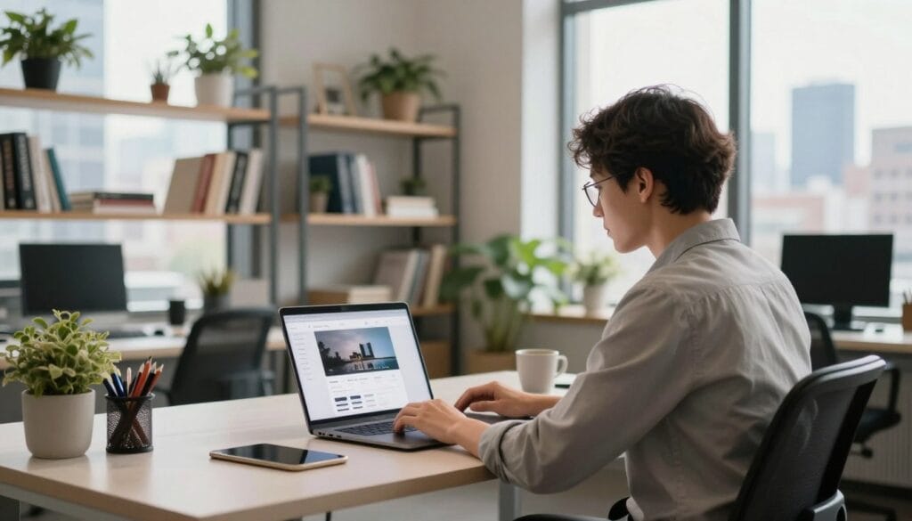 An inviting, modern workspace designed for small business owners. In the foreground, a focused individual in professional attire is seated at a sleek desk, working on a laptop displaying a website builder interface. The middle ground features shelves filled with business books and potted plants, creating a vibrant yet organized atmosphere. The background showcases a large window allowing natural light to flood the room, with a view of a bustling city skyline. Soft, warm lighting enhances the mood, suggesting productivity and creativity. The composition emphasizes clarity and purpose, with a slight depth of field that keeps the focus on the individual while softening the surroundings. The overall atmosphere conveys professionalism, inspiration, and the potential for online success.