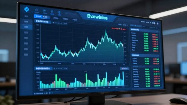 An ultra-modern digital trading interface of a cryptocurrency exchange featuring glowing blue and green price charts, sleek glass textures, and a professional financial dashboard environment.
