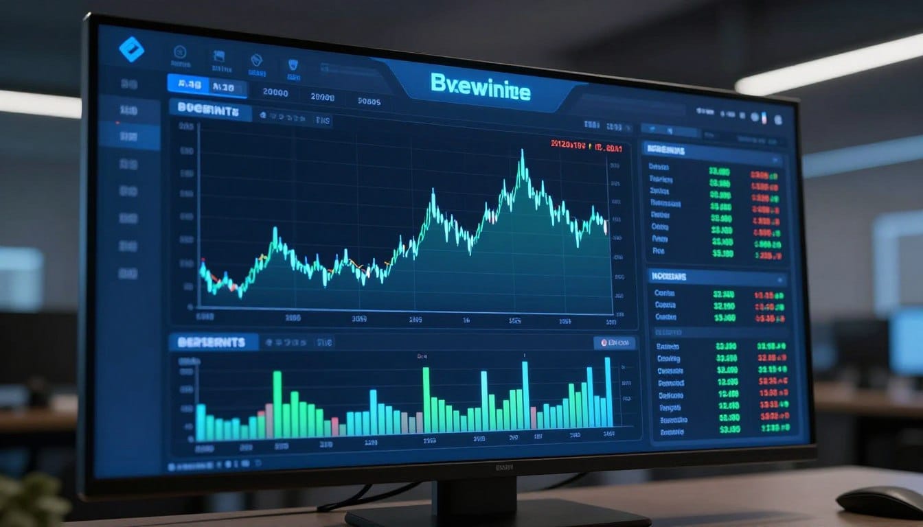 An ultra-modern digital trading interface of a cryptocurrency exchange featuring glowing blue and green price charts, sleek glass textures, and a professional financial dashboard environment.