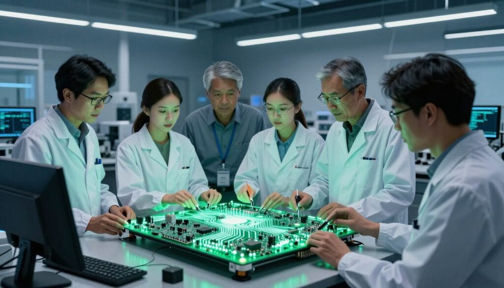 An ultra-modern technology lab where a diverse team of engineers works on a glowing green circuit board prototype, photorealistic, 8k resolution, cinematic lighting. An ultra-modern technology lab where a diverse team of engineers works on a glowing green circuit board prototype, photorealistic, 8k resolution, cinematic lighting.