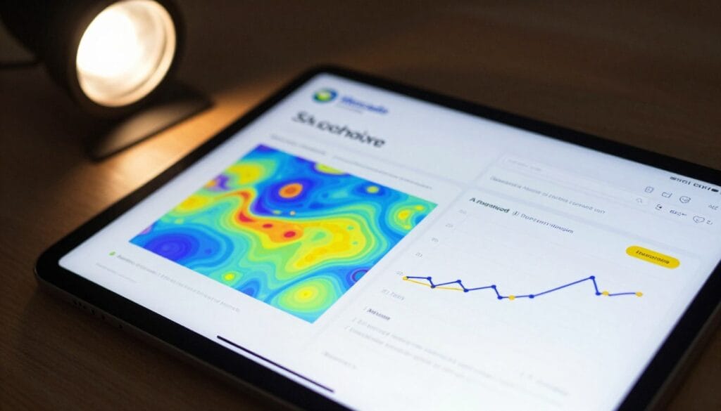 Close-up of a tablet screen displaying AI-powered e-commerce analytics, heat maps, and sales trend graphs for the Mercado Livre marketplace, professional studio lighting. Close-up of a tablet screen displaying AI-powered e-commerce analytics, heat maps, and sales trend graphs for the Mercado Livre marketplace, professional studio lighting.
