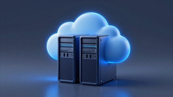 High-quality 3D render of a fast cloud server glowing with blue energy, representing high-performance web hosting for bloggers, minimalist tech style.