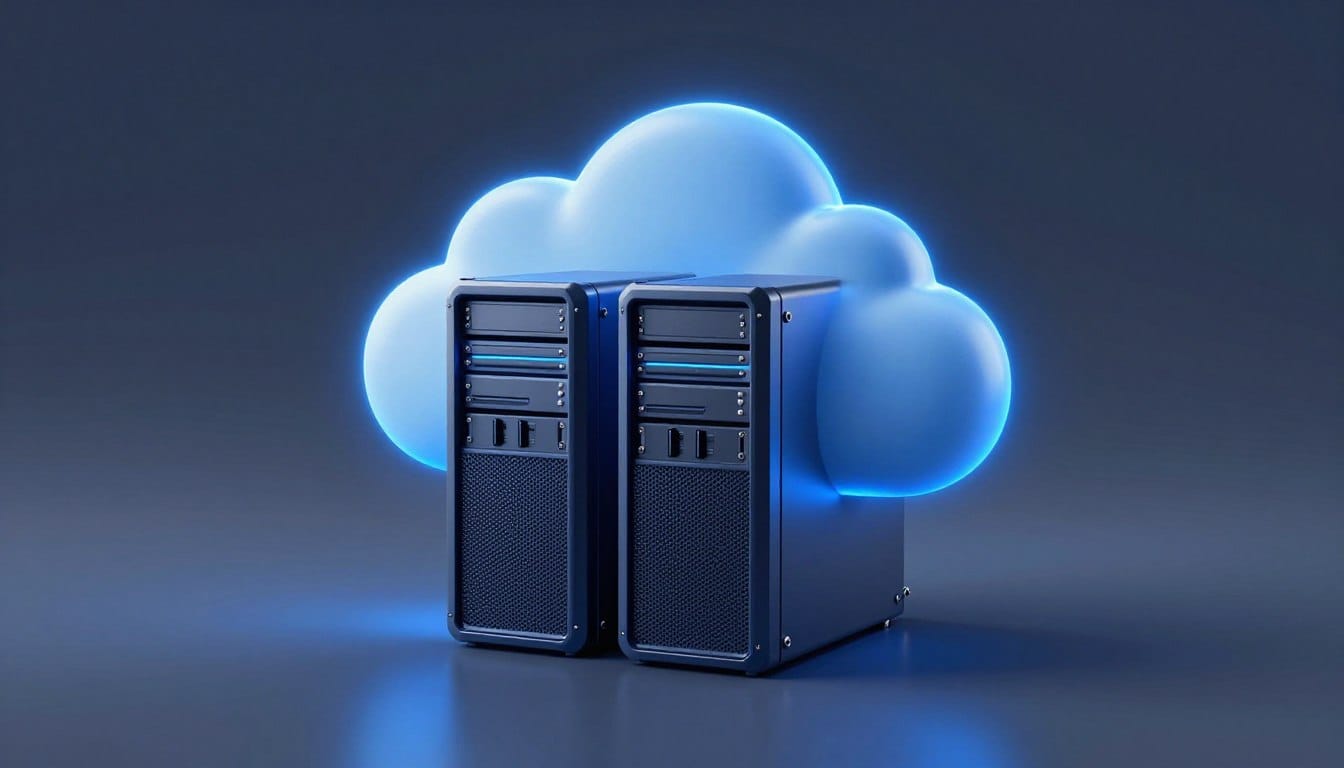 High-quality 3D render of a fast cloud server glowing with blue energy, representing high-performance web hosting for bloggers, minimalist tech style.