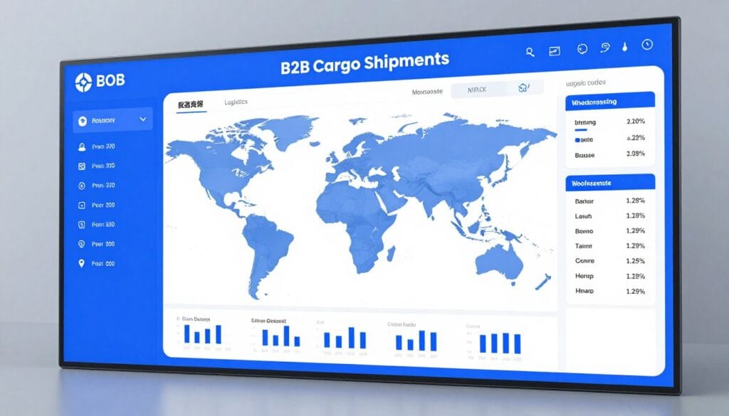 High-quality 3D render of a global logistics dashboard showing B2B cargo shipments and wholesale inventory metrics, vibrant blue and white theme, professional e-commerce aesthetic. High-quality 3D render of a global logistics dashboard showing B2B cargo shipments and wholesale inventory metrics, vibrant blue and white theme, professional e-commerce aesthetic.