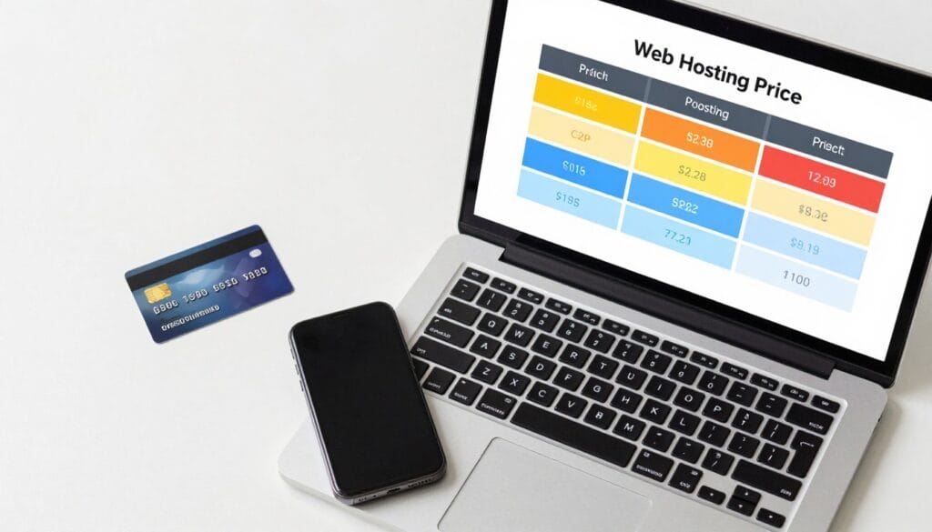 High-quality overhead shot of a clean desk with a credit card, a smartphone, and a laptop displaying a comparison of different web hosting price tiers for a business project.
