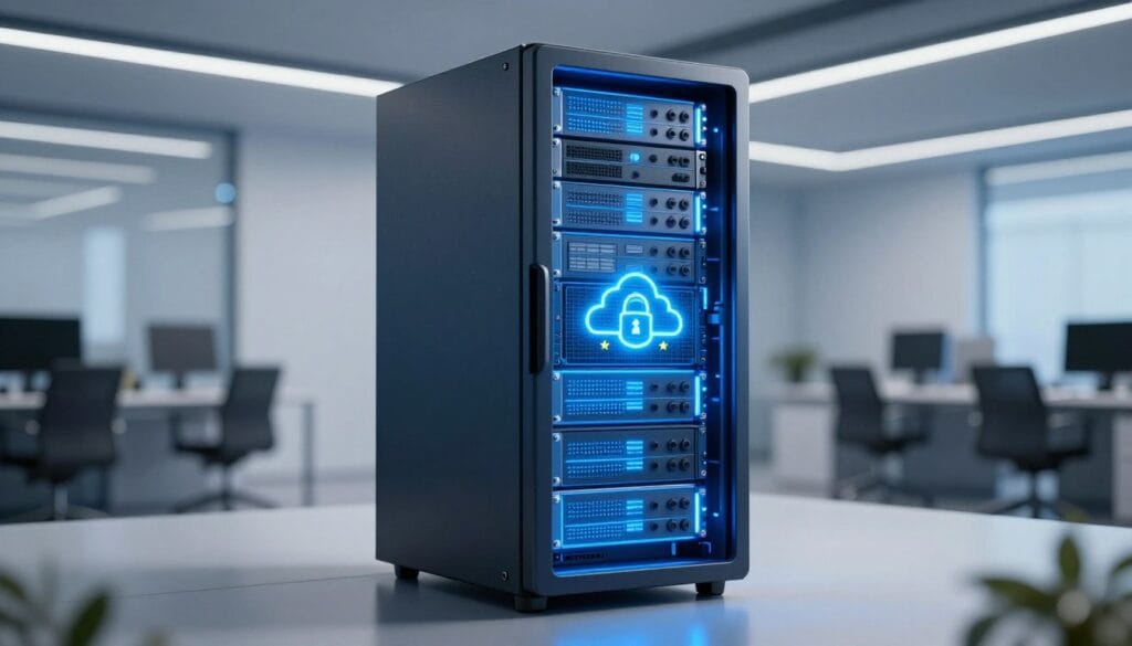 High-tech 3D render of a glowing blue data server located in a sleek modern office in Madrid, Spain, representing European data privacy and secure cloud storage, photorealistic 8k style. High-tech 3D render of a glowing blue data server located in a sleek modern office in Madrid, Spain, representing European data privacy and secure cloud storage, photorealistic 8k style.