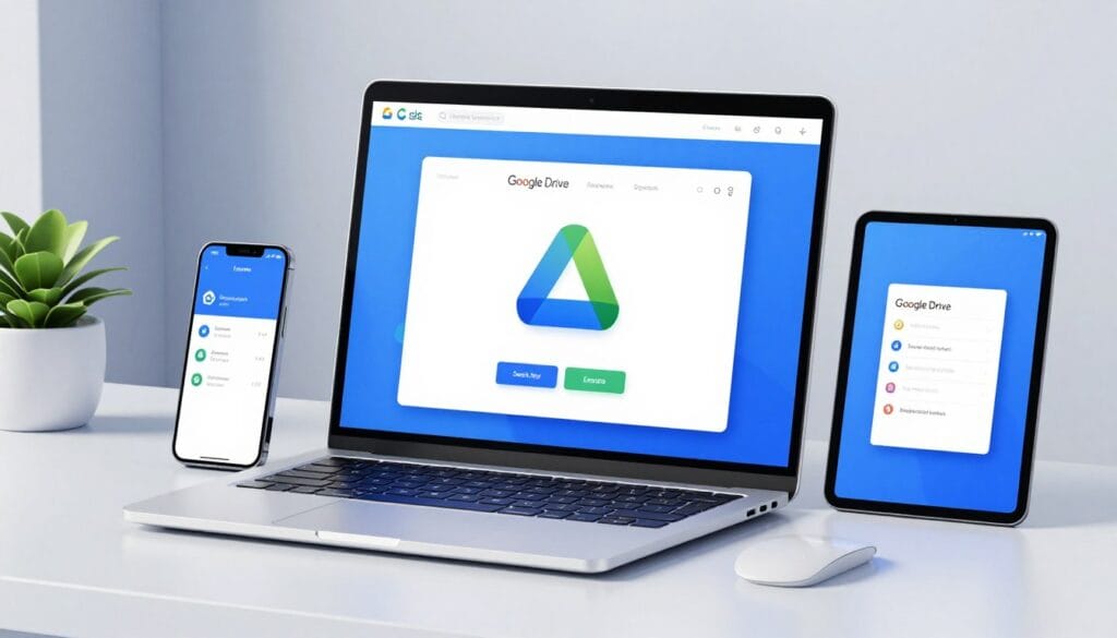 Realistic 3D render of a futuristic Google Drive interface showing secure data synchronization between a laptop, smartphone, and tablet in a clean, professional workspace, soft blue and white lighting, high resolution. Realistic 3D render of a futuristic Google Drive interface showing secure data synchronization between a laptop, smartphone, and tablet in a clean, professional workspace, soft blue and white lighting, high resolution.