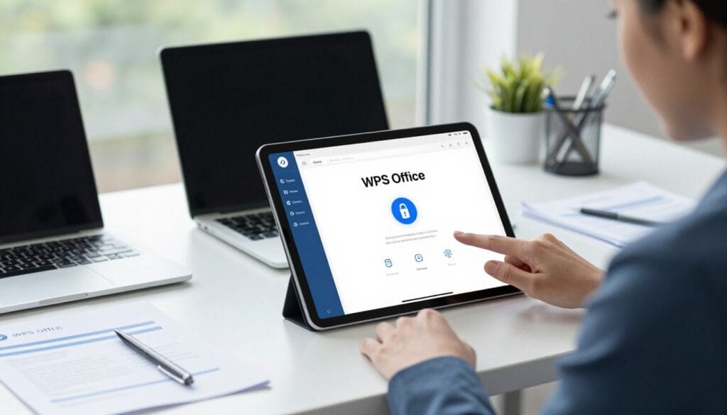 A bright and modern office setting featuring an iPad displaying the WPS Office app interface, showcasing its seamless integration with the Files app. In the foreground, a professional woman in business attire interacts with the iPad, her finger gently tapping the screen, with a look of concentration. The middle layer displays a clean and organized workspace with a laptop, documents, and office supplies that suggest productivity and security. In the background, soft natural light streams through a window, creating a welcoming atmosphere. The color palette should be calming, with soft blues and greens emphasizing professionalism. Focus on clear details of security features highlighted on the iPad’s screen, like password protection and encryption icons, while maintaining a sleek and modern aesthetic. A bright and modern office setting featuring an iPad displaying the WPS Office app interface, showcasing its seamless integration with the Files app. In the foreground, a professional woman in business attire interacts with the iPad, her finger gently tapping the screen, with a look of concentration. The middle layer displays a clean and organized workspace with a laptop, documents, and office supplies that suggest productivity and security. In the background, soft natural light streams through a window, creating a welcoming atmosphere. The color palette should be calming, with soft blues and greens emphasizing professionalism. Focus on clear details of security features highlighted on the iPad’s screen, like password protection and encryption icons, while maintaining a sleek and modern aesthetic.