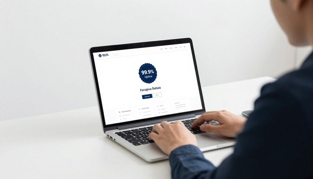 A bright minimalist workspace with a laptop showing a fast-loading website and a simple control panel interface with a "99.9% Uptime" badge.