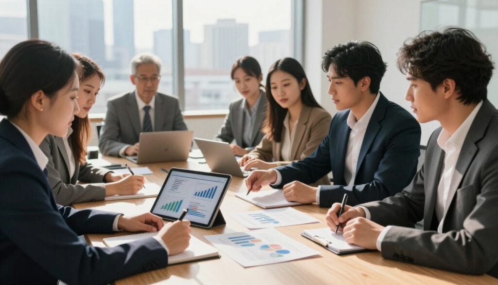 A brightly lit office environment showcasing a professional workspace. In the foreground, a diverse group of individuals in business attire (suits and dresses) sit around a large conference table, intently discussing strategies for improving credit scores. One person, a woman of Asian descent, points to a tablet displaying graphs and statistics, while a man of Hispanic descent takes notes. In the middle, charts and documents are spread out on the table, emphasizing data analysis. In the background, a modern window reveals a city skyline, representing ambition and growth. The atmosphere is collaborative and focused, infused with optimism about securing small business loans. Soft natural light filters through the window, casting warm shadows, enhancing the professional ambiance. A brightly lit office environment showcasing a professional workspace. In the foreground, a diverse group of individuals in business attire (suits and dresses) sit around a large conference table, intently discussing strategies for improving credit scores. One person, a woman of Asian descent, points to a tablet displaying graphs and statistics, while a man of Hispanic descent takes notes. In the middle, charts and documents are spread out on the table, emphasizing data analysis. In the background, a modern window reveals a city skyline, representing ambition and growth. The atmosphere is collaborative and focused, infused with optimism about securing small business loans. Soft natural light filters through the window, casting warm shadows, enhancing the professional ambiance.