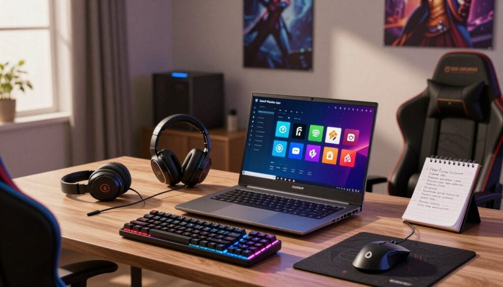 A captivating workspace dedicated to maximizing gaming performance. In the foreground, a sleek, modern gaming laptop displays the GearUP Mobile Apps interface, glowing with vibrant app logos. Surrounding it are various gaming accessories such as high-quality headphones, a mechanical keyboard with RGB lighting, and a gaming mouse on a textured mouse pad. In the middle, an ergonomic gaming chair and a stylish desk cluttered with a notepad filled with tips for gamers. The background features a softly lit room with subtle gaming posters, emphasizing a cozy yet focused atmosphere. Natural light streams through a nearby window, casting soft shadows and creating an inviting environment. The scene conveys a sense of motivation and creativity, ideal for enhancing an ultimate gaming experience.