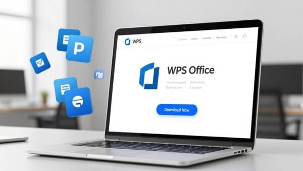 A clean, high-resolution 3D render of a modern laptop screen showing the WPS Office download page with a prominent "Download Now" button, sleek office software icons floating nearby, professional blue and white color palette.