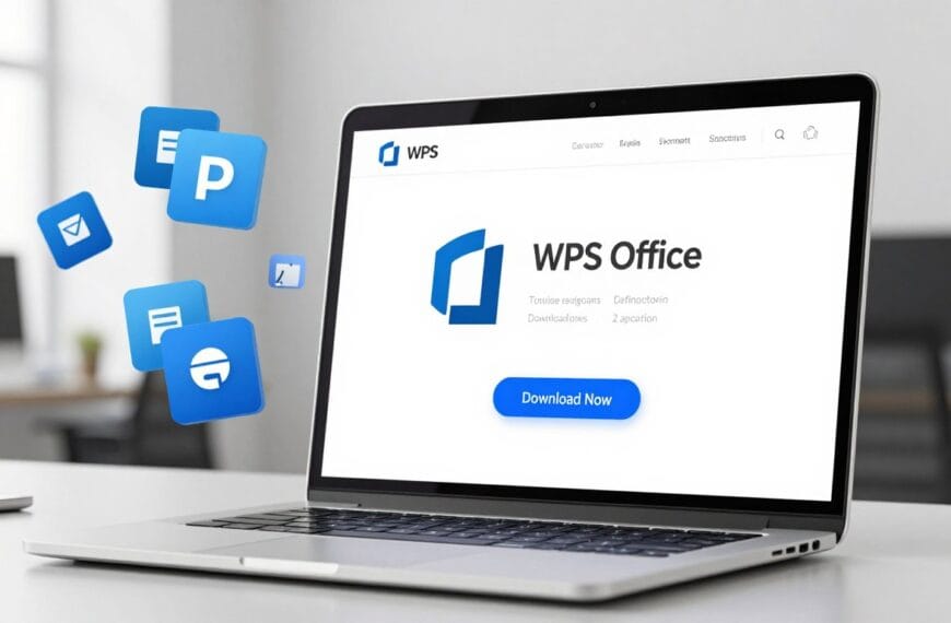 A clean, high-resolution 3D render of a modern laptop screen showing the WPS Office download page with a prominent "Download Now" button, sleek office software icons floating nearby, professional blue and white color palette.
