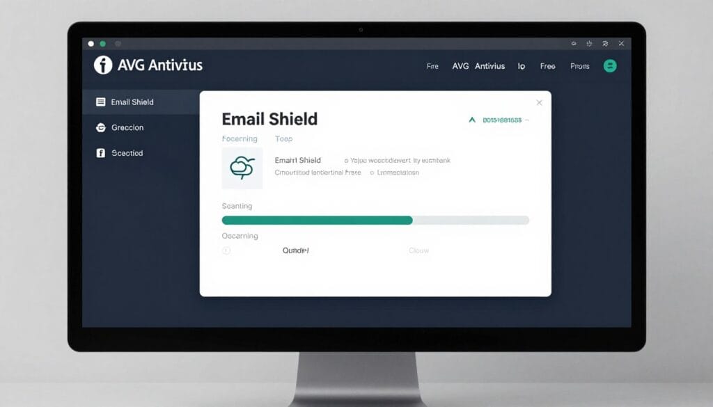 A clean, modern software interface of AVG Antivirus Free on a desktop monitor, highlighting the Email Shield feature and a cloud-based scanning progress bar. A clean, modern software interface of AVG Antivirus Free on a desktop monitor, highlighting the Email Shield feature and a cloud-based scanning progress bar.