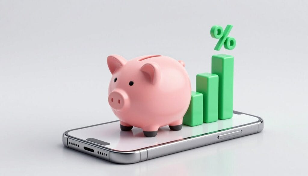 A clean, professional 3D render of a digital piggy bank sitting on a smartphone screen, showing rising green percentage bars to represent high interest rates, high-quality lighting, minimalist financial aesthetic.