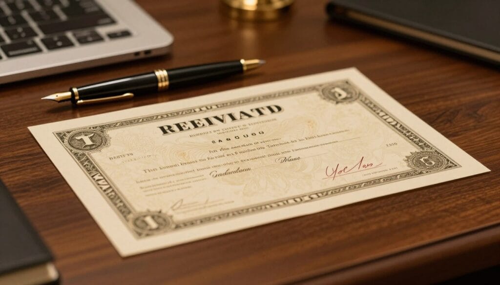 A close-up high-resolution photo of a gold certificate of deposit document with a classic fountain pen, resting on a polished wooden desk, soft ambient lighting, professional financial setting.