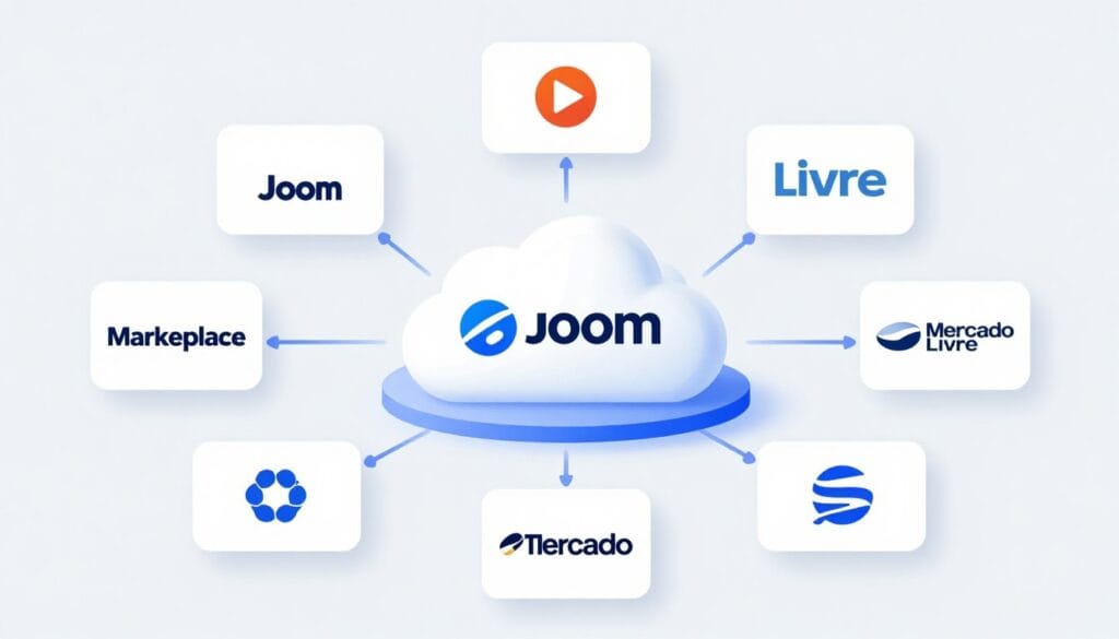 A conceptual illustration of various marketplace logos like Joom and Mercado Livre being synchronized through a central cloud hub, digital data flow lines, clean minimalist style. A conceptual illustration of various marketplace logos like Joom and Mercado Livre being synchronized through a central cloud hub, digital data flow lines, clean minimalist style.