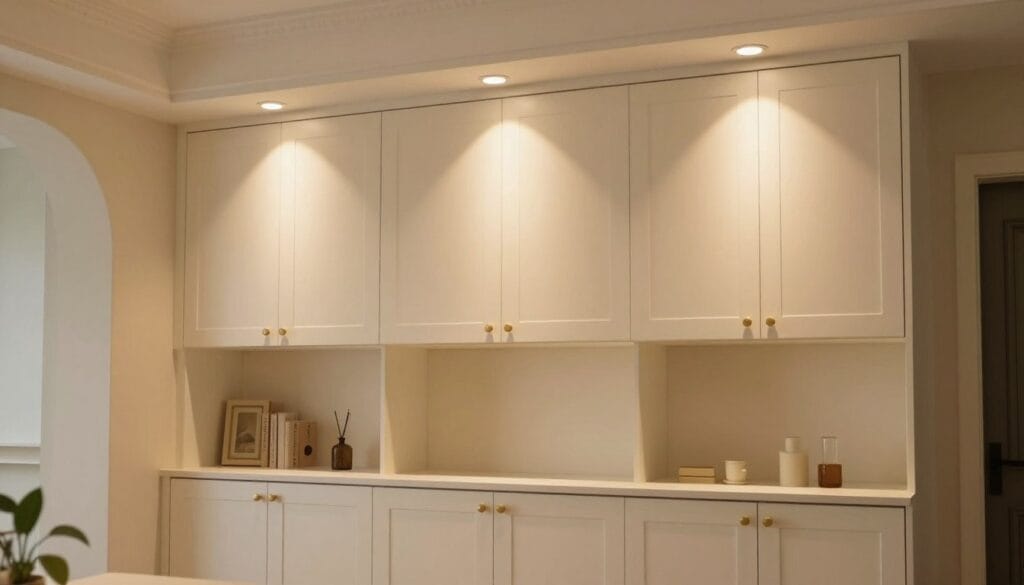 A cozy home interior featuring high-end lighting and cabinets, representing home-based loan security.