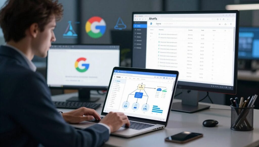 A detailed digital illustration of technical SEO optimization, showcasing a modern website structure. In the foreground, a professional in business attire is analyzing a complex diagram of a website's architecture on a laptop, with visible metrics and graphs. In the middle ground, a sleek workspace filled with SEO tools and a large monitor displaying Ahrefs interface, featuring keyword data and site audits. The background includes elements representing search engines, such as a stylized Google logo and algorithm symbols, subtly integrated into a tech-inspired office environment. Soft, focused lighting enhances the serious mood, with a depth of field effect that draws attention to the interaction between the professional and the digital tools. The overall atmosphere conveys expertise and precision in SEO. A detailed digital illustration of technical SEO optimization, showcasing a modern website structure. In the foreground, a professional in business attire is analyzing a complex diagram of a website's architecture on a laptop, with visible metrics and graphs. In the middle ground, a sleek workspace filled with SEO tools and a large monitor displaying Ahrefs interface, featuring keyword data and site audits. The background includes elements representing search engines, such as a stylized Google logo and algorithm symbols, subtly integrated into a tech-inspired office environment. Soft, focused lighting enhances the serious mood, with a depth of field effect that draws attention to the interaction between the professional and the digital tools. The overall atmosphere conveys expertise and precision in SEO.