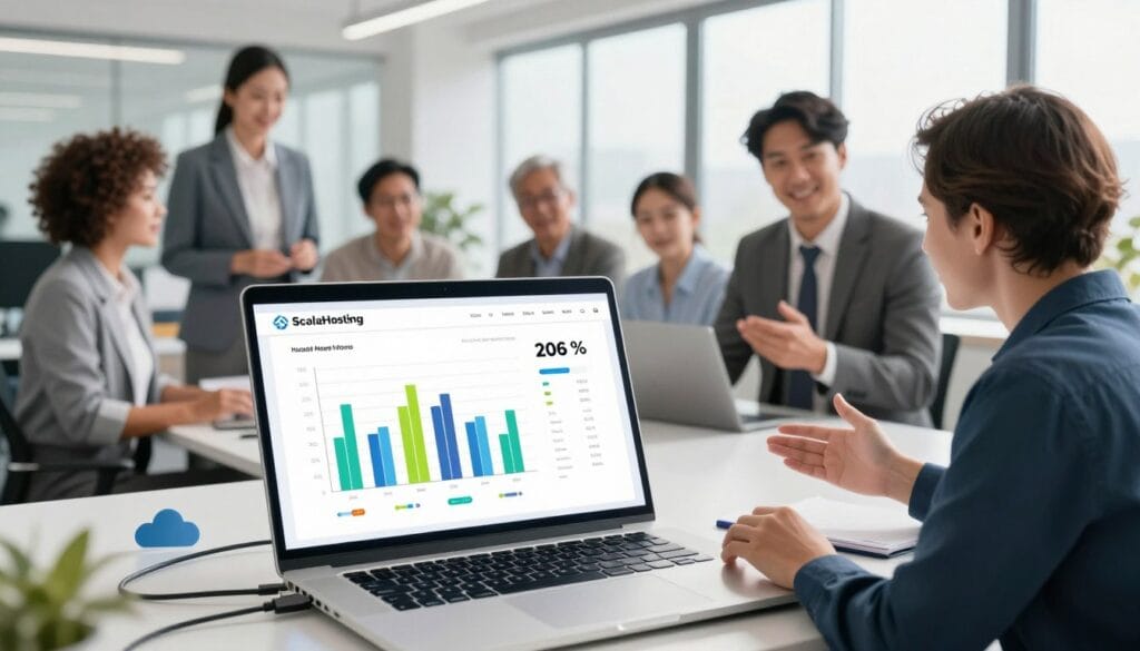 A detailed digital illustration showcasing the performance of US-based websites hosted on ScalaHosting in 2026. In the foreground, a modern, sleek laptop displays vibrant graphs and metrics indicating high uptime percentage, surrounded by network cables and cloud icons. The middle layer features a diverse group of business professionals—two men and two women in professional attire—discussing the performance stats with enthusiasm. In the background, an office environment filled with large windows allows natural light to stream in, creating a bright and energetic atmosphere. The composition should emphasize the collaborative spirit and technical excellence of ScalaHosting, with a focus on clarity and professionalism. Angle the scene slightly from above to capture both the laptop screen and the engaged team, ensuring a sense of dynamism and focus on success. A detailed digital illustration showcasing the performance of US-based websites hosted on ScalaHosting in 2026. In the foreground, a modern, sleek laptop displays vibrant graphs and metrics indicating high uptime percentage, surrounded by network cables and cloud icons. The middle layer features a diverse group of business professionals—two men and two women in professional attire—discussing the performance stats with enthusiasm. In the background, an office environment filled with large windows allows natural light to stream in, creating a bright and energetic atmosphere. The composition should emphasize the collaborative spirit and technical excellence of ScalaHosting, with a focus on clarity and professionalism. Angle the scene slightly from above to capture both the laptop screen and the engaged team, ensuring a sense of dynamism and focus on success.