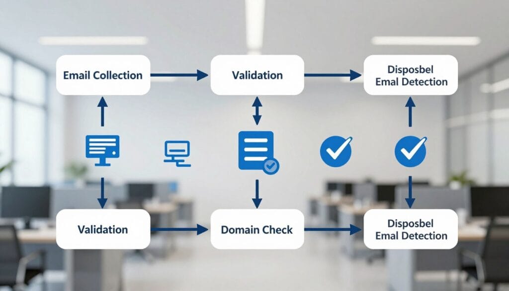 A detailed illustration of the professional email verification process flow, showcasing a clear and structured diagram. In the foreground, depict various stages of the verification process represented by interconnected nodes, such as "Email Collection", "Validation", "Domain Check", and "Disposable Email Detection", each with arrows guiding the viewer through the workflow. The middle ground should include subtle icons or symbols representing technology, such as servers or checkmarks, to symbolize data processing. The background can feature a blurred office environment with soft white and blue lighting to create a professional atmosphere. Ensure a clean and organized layout with an emphasis on clarity and efficiency, avoiding clutter and distractions, while maintaining an overall business-like vibe. A detailed illustration of the professional email verification process flow, showcasing a clear and structured diagram. In the foreground, depict various stages of the verification process represented by interconnected nodes, such as "Email Collection", "Validation", "Domain Check", and "Disposable Email Detection", each with arrows guiding the viewer through the workflow. The middle ground should include subtle icons or symbols representing technology, such as servers or checkmarks, to symbolize data processing. The background can feature a blurred office environment with soft white and blue lighting to create a professional atmosphere. Ensure a clean and organized layout with an emphasis on clarity and efficiency, avoiding clutter and distractions, while maintaining an overall business-like vibe.