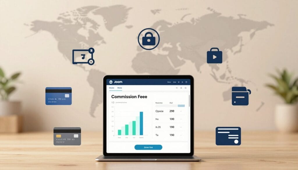 A detailed infographics-style image illustrating the commission fees for Joom seller accounts. In the foreground, display a sleek digital device showing a mockup of the Joom seller dashboard with graphs and numbers reflecting commission rates. The middle ground features icons representing various payment methods, such as credit cards and digital wallets, arranged harmoniously around the device. In the background, subtly include a global map highlighting major markets, symbolizing international e-commerce. Use soft, professional lighting to create a warm, inviting atmosphere, with a slight depth of field to focus on the foreground elements. The overall mood should convey clarity, professionalism, and the opportunity of selling globally through Joom. A detailed infographics-style image illustrating the commission fees for Joom seller accounts. In the foreground, display a sleek digital device showing a mockup of the Joom seller dashboard with graphs and numbers reflecting commission rates. The middle ground features icons representing various payment methods, such as credit cards and digital wallets, arranged harmoniously around the device. In the background, subtly include a global map highlighting major markets, symbolizing international e-commerce. Use soft, professional lighting to create a warm, inviting atmosphere, with a slight depth of field to focus on the foreground elements. The overall mood should convey clarity, professionalism, and the opportunity of selling globally through Joom.