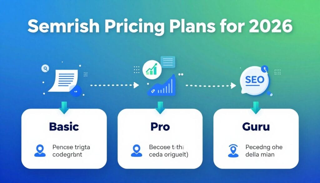 A detailed visual representation of Semrush Pricing Plans for 2026, emphasizing clarity and organization. In the foreground, create an infographic-style layout featuring three distinct pricing tiers, each box clearly displaying icons and representative features like "Basic", "Pro", and "Guru". The middle section should connect these tiers with arrows or dotted lines indicating the value differences, while incorporating relevant SEO-related imagery like graphs and search engine icons. The background should be a soft gradient in blue and green tones, reflecting a professional, tech-savvy atmosphere. Use bright, even lighting to enhance readability. The overall mood should feel informative and engaging, designed for a business audience focused on digital marketing success.