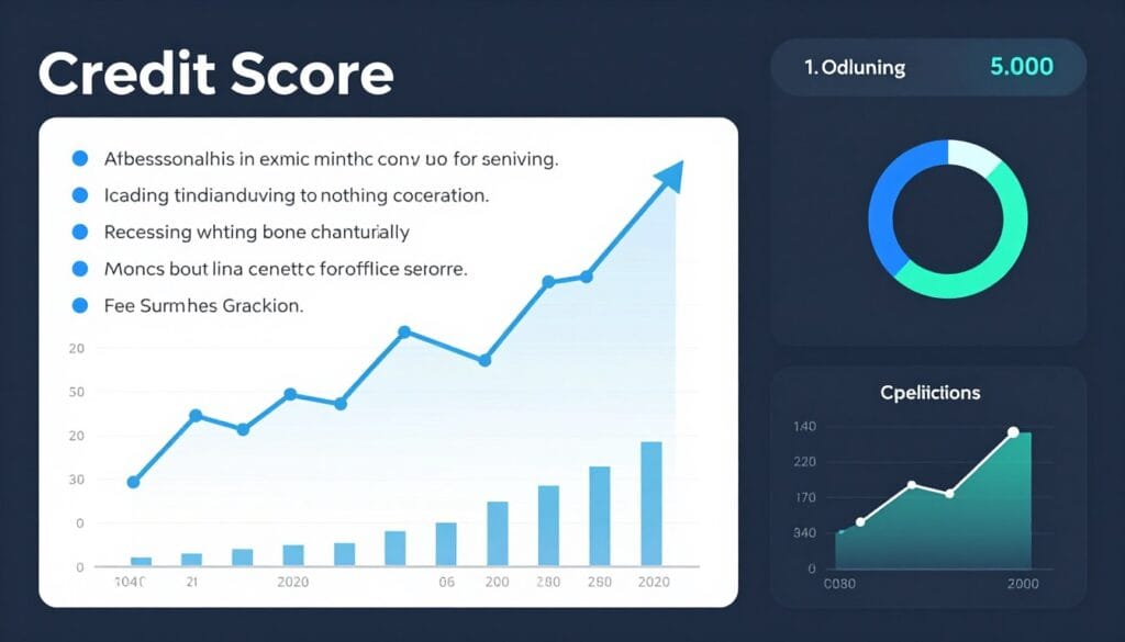 A digital dashboard showing a credit score climbing upward with helpful tips and graphs.