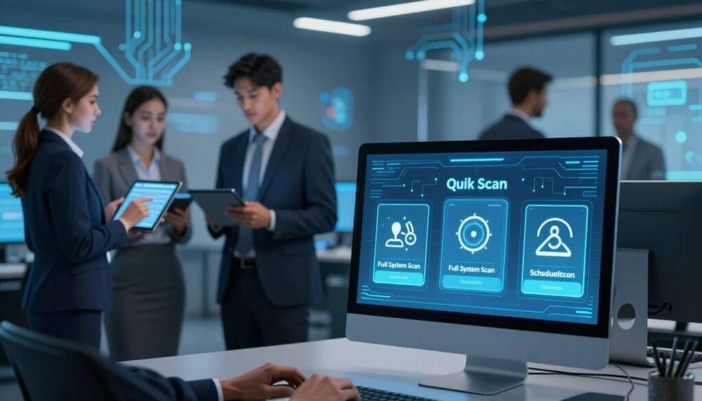 A digital illustration showcasing various antivirus scanning methods. In the foreground, depict a sleek, modern computer screen displaying a visual representation of different scanning types: quick scan, full system scan, and scheduled scan iconography, illustrated with engaging graphics. In the middle ground, place a diverse group of professionals in smart business attire analyzing the results on tablets, suggesting collaboration and advanced technology. The background should feature a high-tech office environment with glowing circuit patterns and abstract representations of cyber threats, creating a sense of urgency and awareness. Use cool lighting to evoke a serious and focused atmosphere, with a slight bokeh effect to emphasize the foreground elements. The angle should be slightly elevated, offering a comprehensive view of the scene. A digital illustration showcasing various antivirus scanning methods. In the foreground, depict a sleek, modern computer screen displaying a visual representation of different scanning types: quick scan, full system scan, and scheduled scan iconography, illustrated with engaging graphics. In the middle ground, place a diverse group of professionals in smart business attire analyzing the results on tablets, suggesting collaboration and advanced technology. The background should feature a high-tech office environment with glowing circuit patterns and abstract representations of cyber threats, creating a sense of urgency and awareness. Use cool lighting to evoke a serious and focused atmosphere, with a slight bokeh effect to emphasize the foreground elements. The angle should be slightly elevated, offering a comprehensive view of the scene.