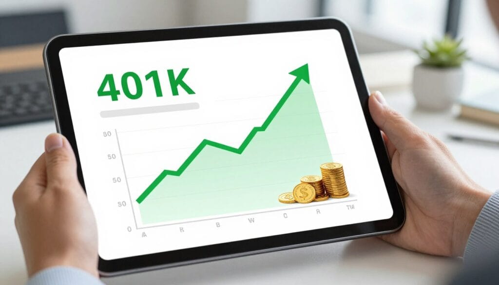 A digital tablet showing a growing green line graph and retirement planning icons like a 401k and gold coins, high-quality professional photography.