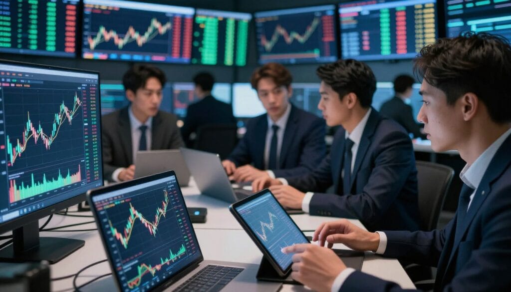 A dramatic representation of crypto market volatility, showcasing a bustling trading floor filled with professional traders dressed in smart business attire, intently analyzing fluctuating graphs displayed on large digital screens. In the foreground, a close-up of hands using tablets and laptops, zooming in on candlestick charts reflecting sharp price movements and spikes. The middle ground features traders interacting around a central table, deep in discussion, with visible expressions of concentration and determination. The background portrays blurred stock ticker screens with dynamic numbers racing, illuminating the room with soft neon hues of blue and green. Use a wide-angle lens perspective to capture the intensity of the atmosphere, emphasizing the urgency and unpredictability of the crypto market while maintaining a professional and focused mood. No text or watermarks present in the image. A dramatic representation of crypto market volatility, showcasing a bustling trading floor filled with professional traders dressed in smart business attire, intently analyzing fluctuating graphs displayed on large digital screens. In the foreground, a close-up of hands using tablets and laptops, zooming in on candlestick charts reflecting sharp price movements and spikes. The middle ground features traders interacting around a central table, deep in discussion, with visible expressions of concentration and determination. The background portrays blurred stock ticker screens with dynamic numbers racing, illuminating the room with soft neon hues of blue and green. Use a wide-angle lens perspective to capture the intensity of the atmosphere, emphasizing the urgency and unpredictability of the crypto market while maintaining a professional and focused mood. No text or watermarks present in the image.