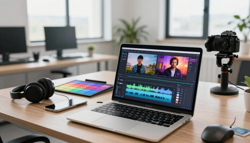 A dynamic digital workspace scene showcasing advanced video editing strategies. In the foreground, a sleek laptop displays an eye-catching video editing software interface, with vibrant visuals and clear sound waveforms visible on the screen. The middle ground features a stylish, organized workspace filled with professional video editing tools like headphones, color grading charts, and a high-quality camera. The background features a modern office environment with large windows letting in natural light, creating a bright and inspiring atmosphere. The overall mood is energetic and creative, embodying the essence of engaging audio-visual content creation. Use soft, balanced lighting to emphasize clarity and focus, captured from a slightly elevated angle for an immersive perspective. A dynamic digital workspace scene showcasing advanced video editing strategies. In the foreground, a sleek laptop displays an eye-catching video editing software interface, with vibrant visuals and clear sound waveforms visible on the screen. The middle ground features a stylish, organized workspace filled with professional video editing tools like headphones, color grading charts, and a high-quality camera. The background features a modern office environment with large windows letting in natural light, creating a bright and inspiring atmosphere. The overall mood is energetic and creative, embodying the essence of engaging audio-visual content creation. Use soft, balanced lighting to emphasize clarity and focus, captured from a slightly elevated angle for an immersive perspective.